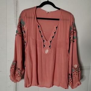 Easel Orange Embroidered Women Top Floral SZ Small Oversized Dolman Sleeve Boho
